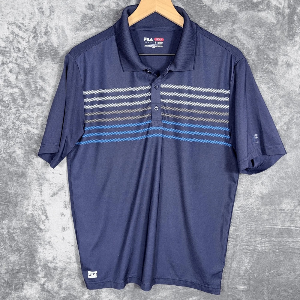 Fila Mens Golf Polo Shirt S Small Navy Blue‎ Striped Performance Athletic